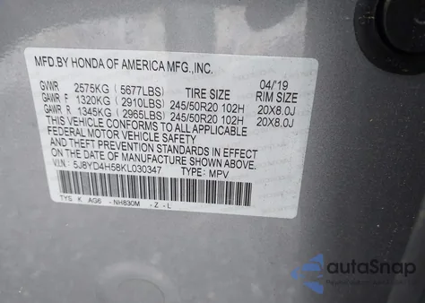 2019 Acura Mdx Tech Pkg z USA, uszkodzony, nr VIN 5J8YD4H58KL030347